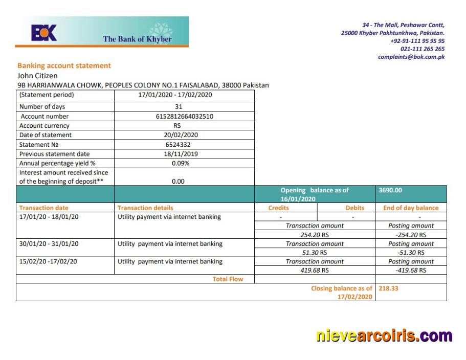 Pakistan The Bank of Khyber bank statement